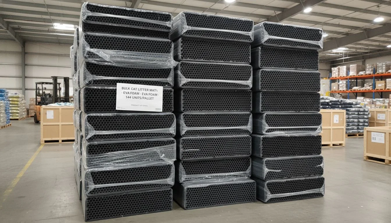 stack of eva cat litter mats in warehouse