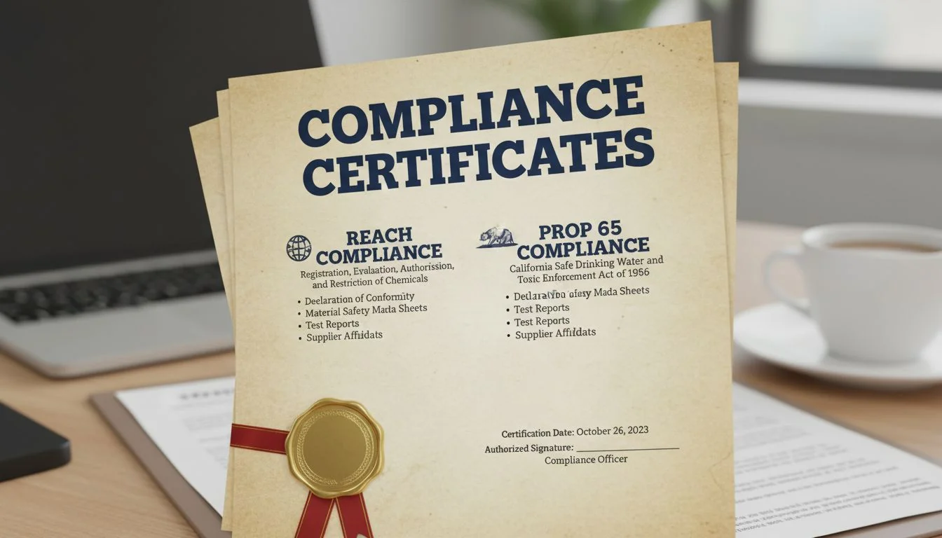 certificate documents for reach and prop 65 compliance