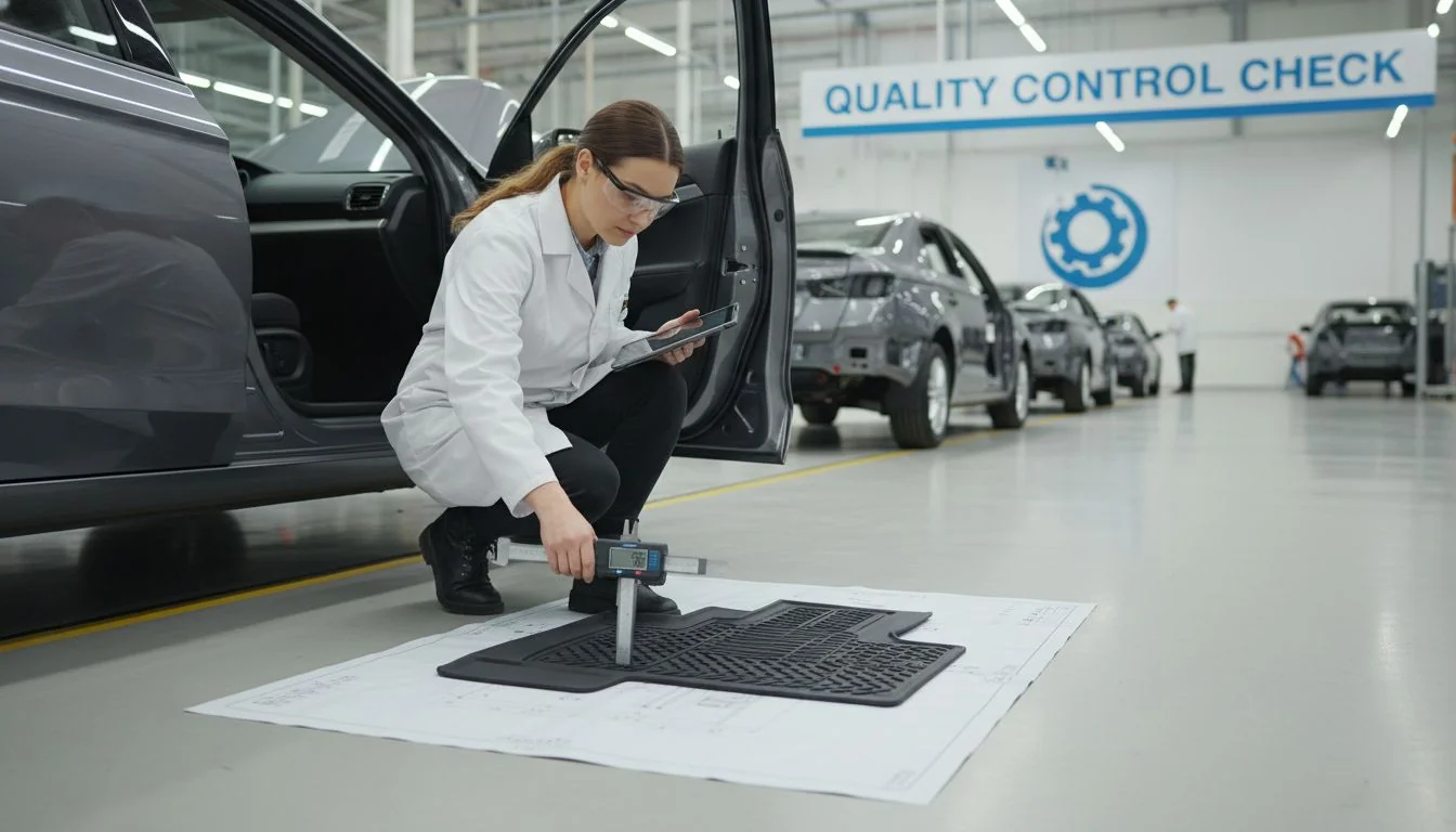 inspector checking car mat dimensions with calipers