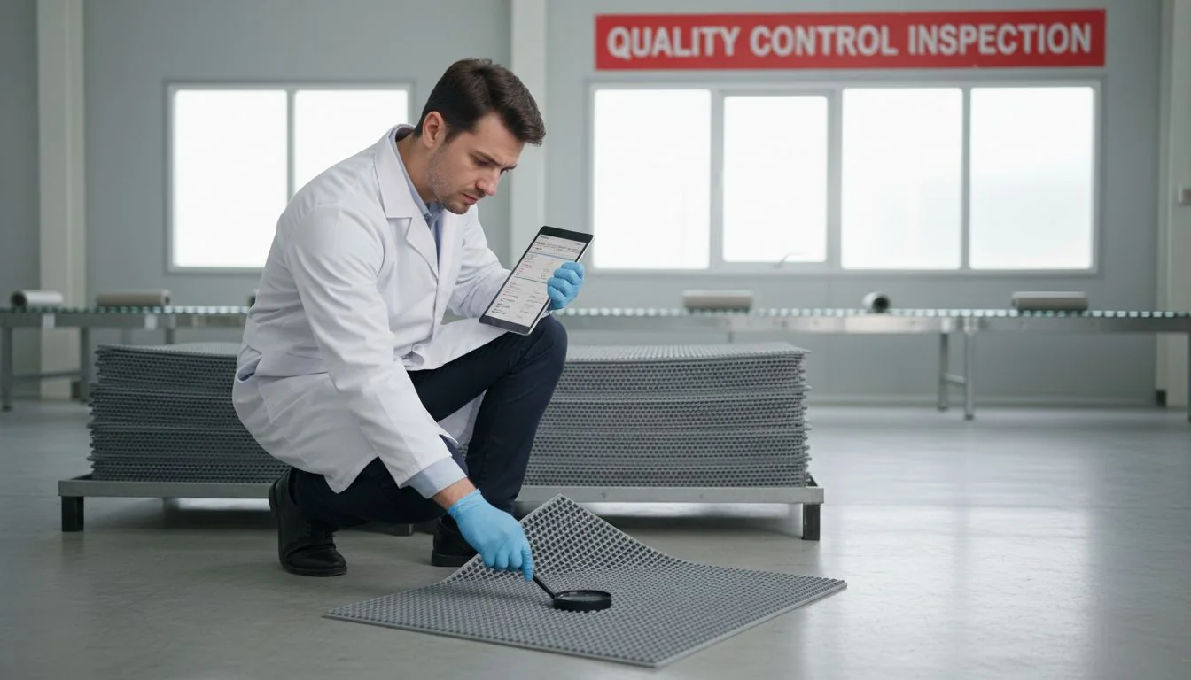 quality control inspector checking cat litter mats
