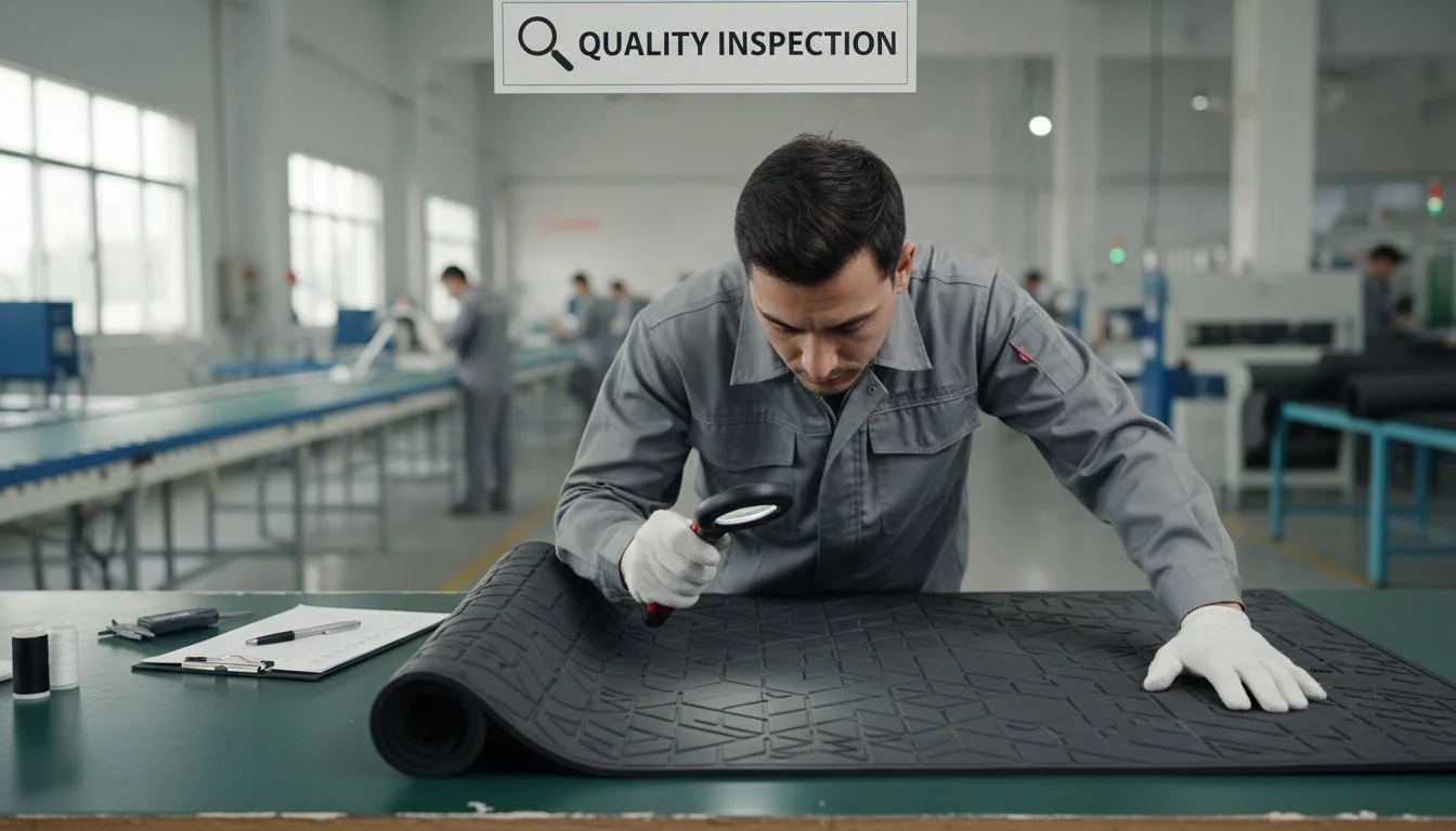 worker inspecting car mat material quality